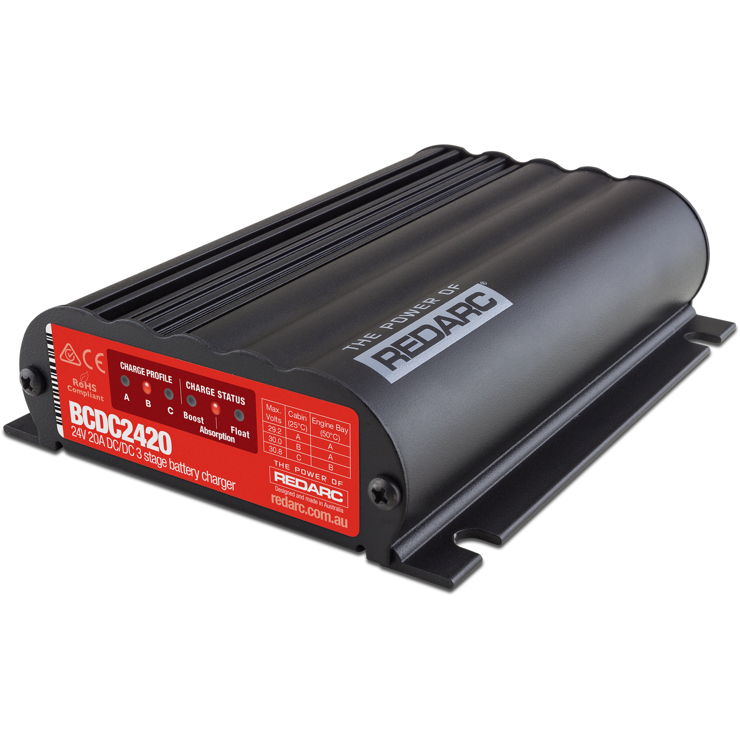 REDARC The in-vehicle dual battery charger is equipped to handle the roughest roads and rockiest terrains, and is built to work in extreme heat, functioning in temperatures up to 176 deg F