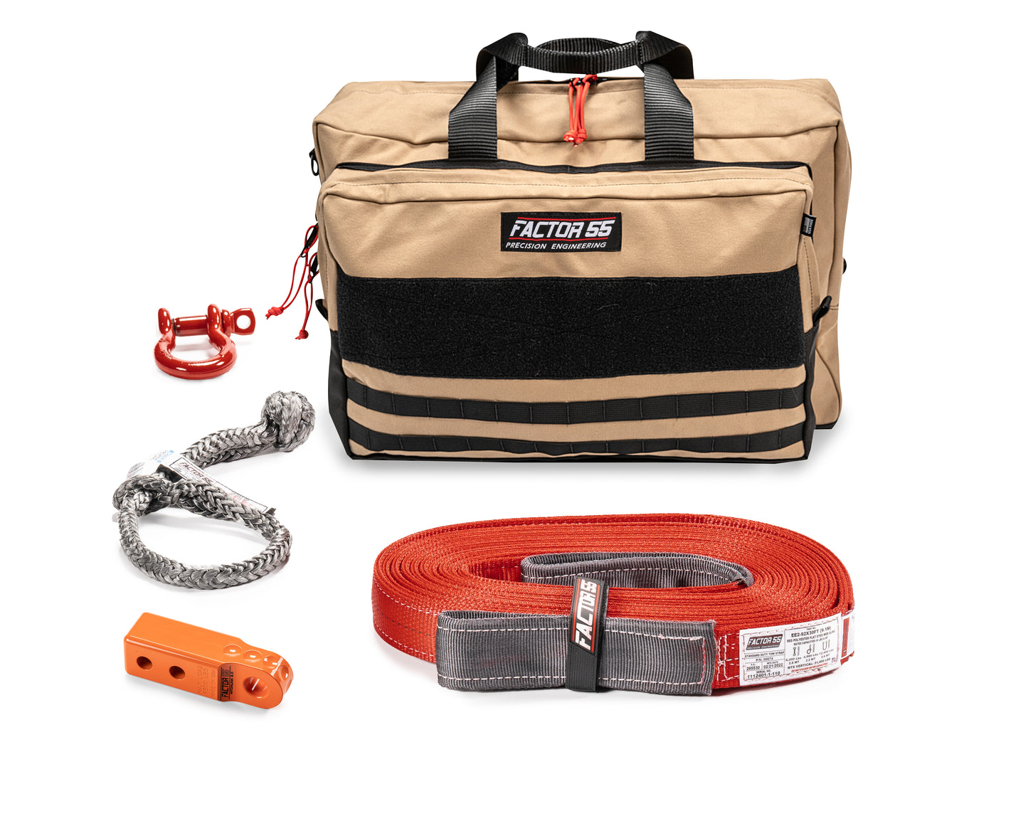 Factor 55 Owyhee Vehicle Recovery Kit ? Small size kit for towing and recovery operations with orange HitchLink 2.0 and Large Bag