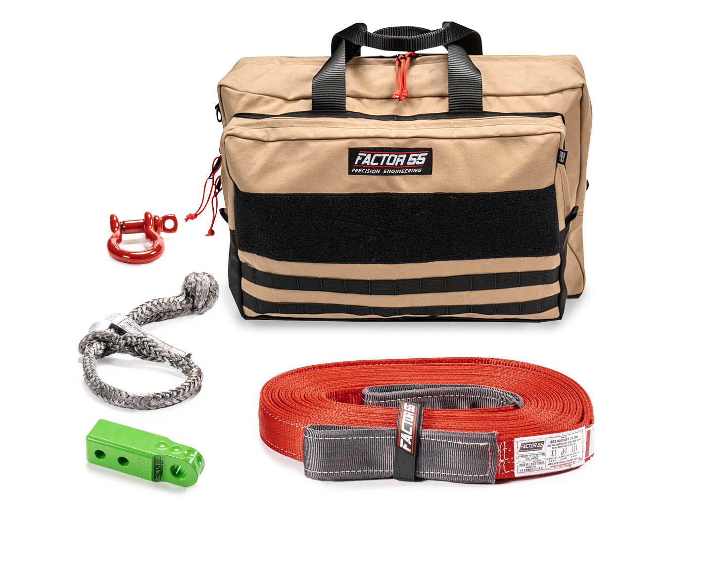 Factor 55 Owyhee Vehicle Recovery Kit ? Small size kit for towing and recovery operations with green HitchLink 2.0 and Large Bag