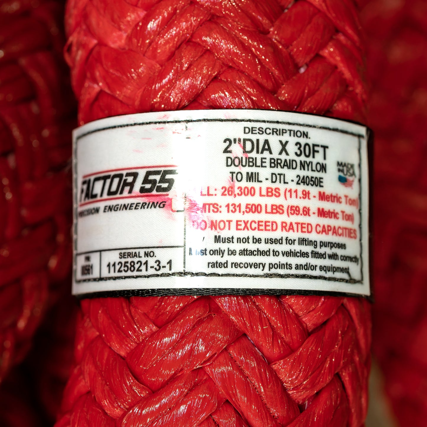 Factor 55 2.0" x 30' long 100% double braided nylon recovery rope designed for Semis, Large Utility or Dump Trucks and Tractors. Up to 30% kinetic energy storing stretch. Polymer coating for extreme durability