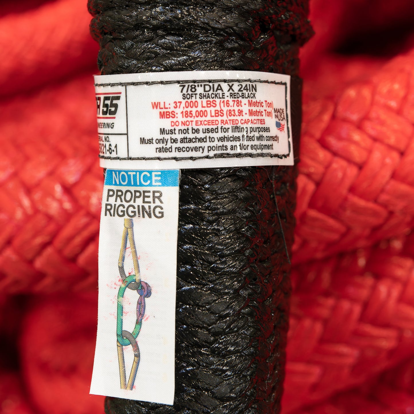 Factor 55 7/8" x 24" Extreme Duty Soft Shackle is constructed of HMPE Plasma rope that includes additional abrasion and UV protection with a woven polyester jacket that is carefully whipped and coated with Fiber Lock.