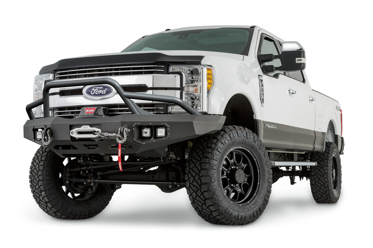 Warn Ascent Front Bumper for Ford Super Duty with prerunner grille guard featuring an integral winch mount for WARN mid-frame winches
