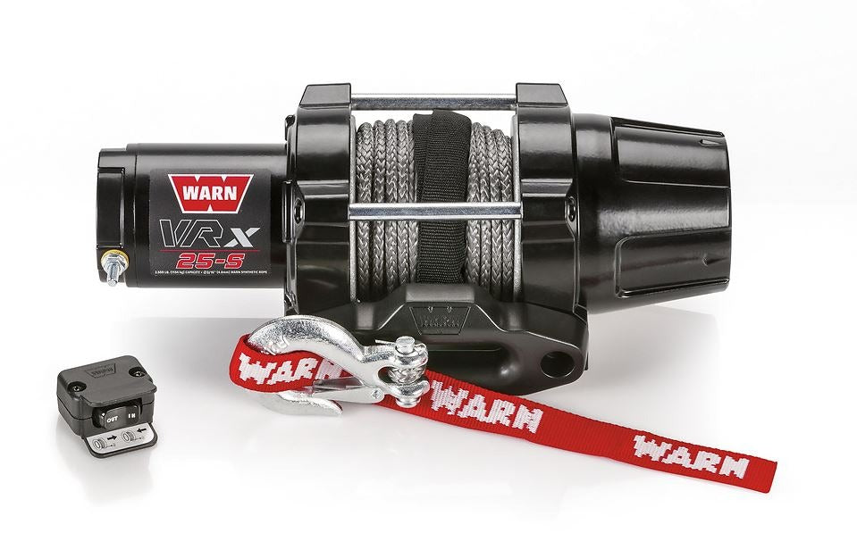 Warn Vehicle Mounted; ATVs and Side By Sides; Waterproof; 12 Volt; 2500 Pound Line Pull Capacity; 50 Foot x 3/16 Inch Synthetic Rope; Black Hawse Fairlead; Handlebar Mounted Rocker Switch Control; Three-Stage Planetary Gear