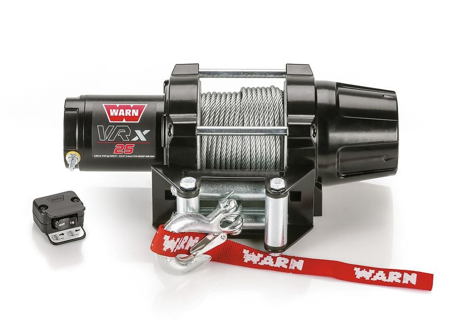 Warn Vehicle Mounted; ATVs and Side By Sides; Waterproof; 12 Volt; 2500 Pound Line Pull Capacity; 50 Foot x 3/16 Inch Steel Rope; Roller Fairlead; Handlebar Mounted Rocker Switch Control; Three-Stage Planetary Gear