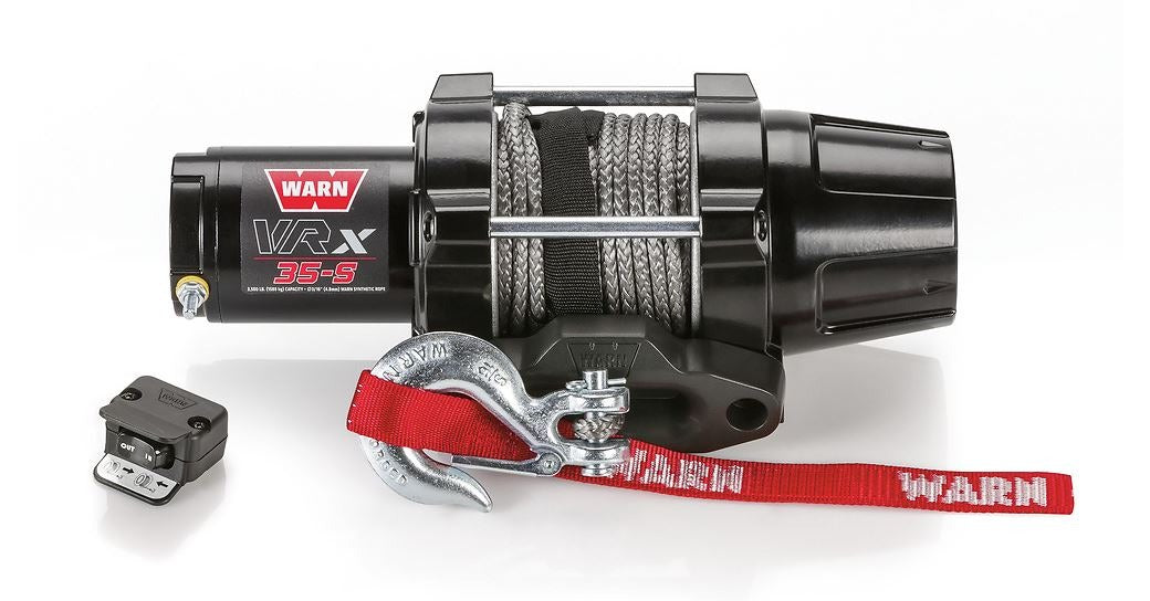 Warn Vehicle Mounted; ATVs and Side By Sides; Waterproof; 12 Volt; 3500 Pound Line Pull Capacity; 50 Foot x 3/16 Inch Synthetic Rope; Black Hawse Fairlead; Handlebar Mounted Rocker Switch Control; Three-Stage Planetary Gear