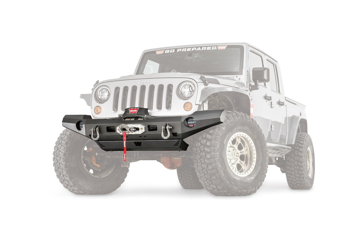 Warn Full Width Version; One Piece Design; Direct-Fit; Mounting Hardware Included; Without Grille Guard; With Internal Winch Mount; With Shackle Mounting Tabs; With Light Cutouts; Powder Coated Black Steel