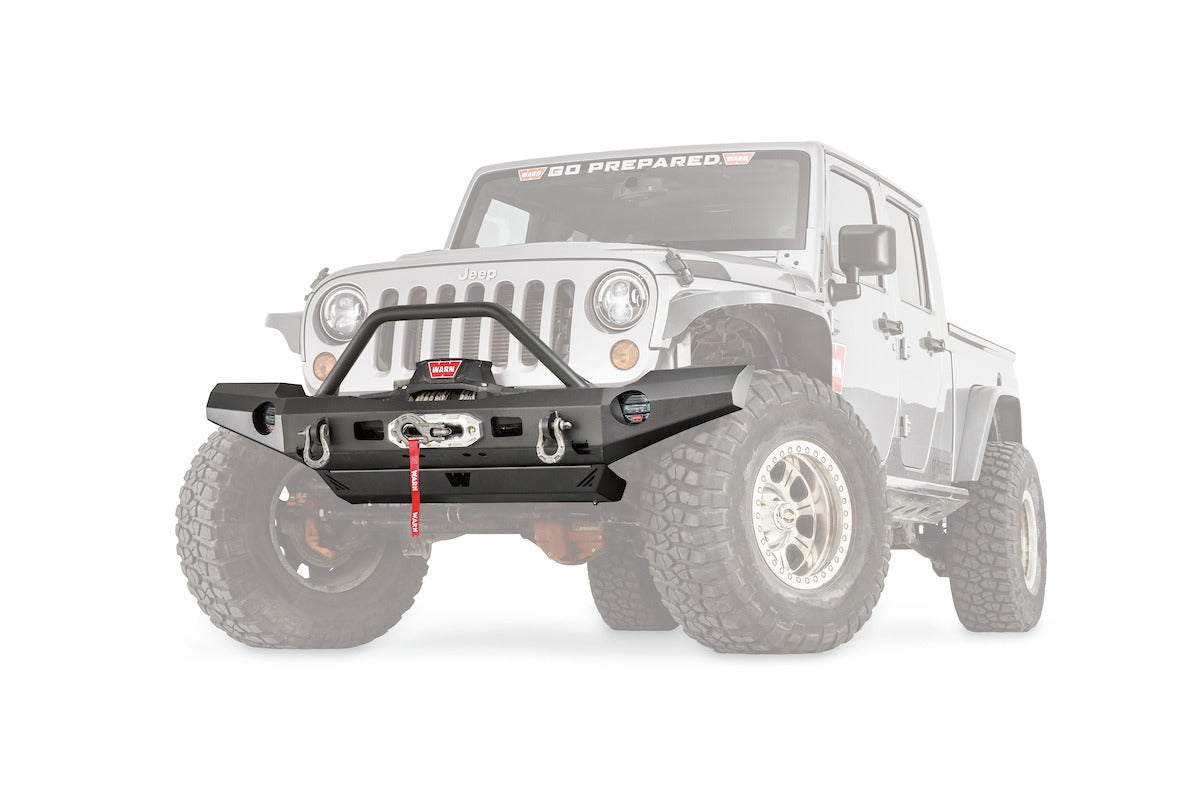 Warn Full Width Version; One Piece Design; Direct-Fit; Mounting Hardware Included; With Grille Guard; With Internal Winch Mount; With Shackle Mounting Tabs; With Light Cutouts; Powder Coated Black Steel