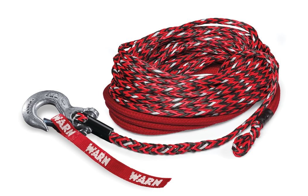 Warn Spydura Nightline (TM) synthetic rope for winches up to 12,000 lbs. (5443 kg) pulling capacity. 3/8" (9.5MM) X 100' (30.5M) Includes forged hook and hardware.