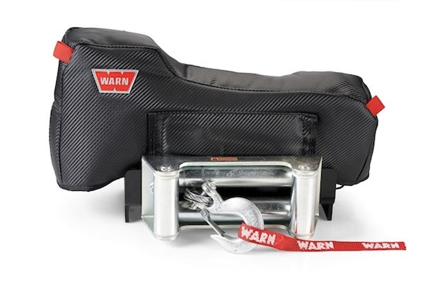 Warn Fits M8/ XD9/ 9.5XP/ VR8000/ VR10000/ VR12000 Winches; Vinyl With Mesh Backing; Front Flap Allows Access To Winch Drum; Zipper Allows Access To Clutch Handle And Remote Socket