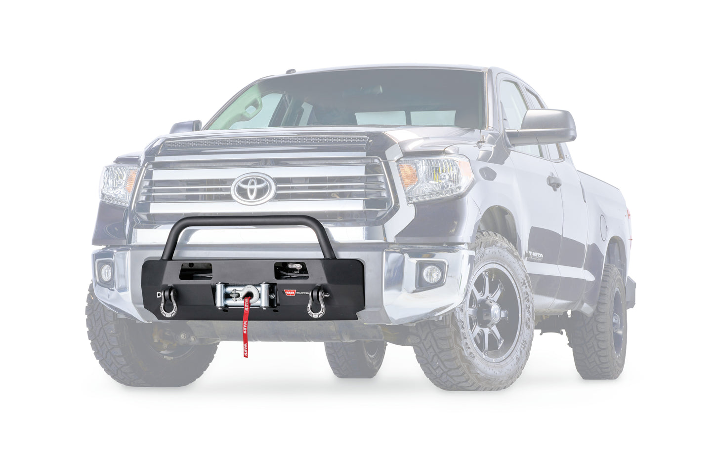 Warn Mounts WARN ZEON or VR EVO winch onto front of the Toyota Tundra. Removes the vulnerable center section of the front bumper cover and replaces with heavy duty winch mount while retaining the factory appearance. With grille guard tube.