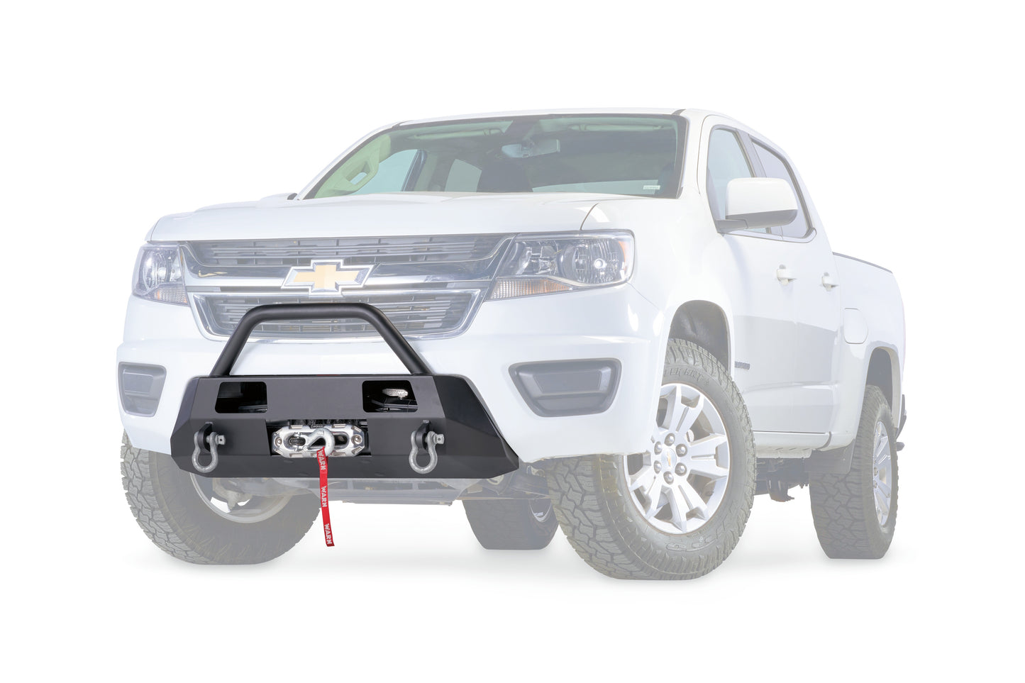 Warn Mounts WARN ZEON or VR EVO winch on the Chevrolet Colorado. Removes the vulnerable center section of the front bumper cover and replaces with heavy duty winch mount while retaining the factory appearance. With grille guard tube.