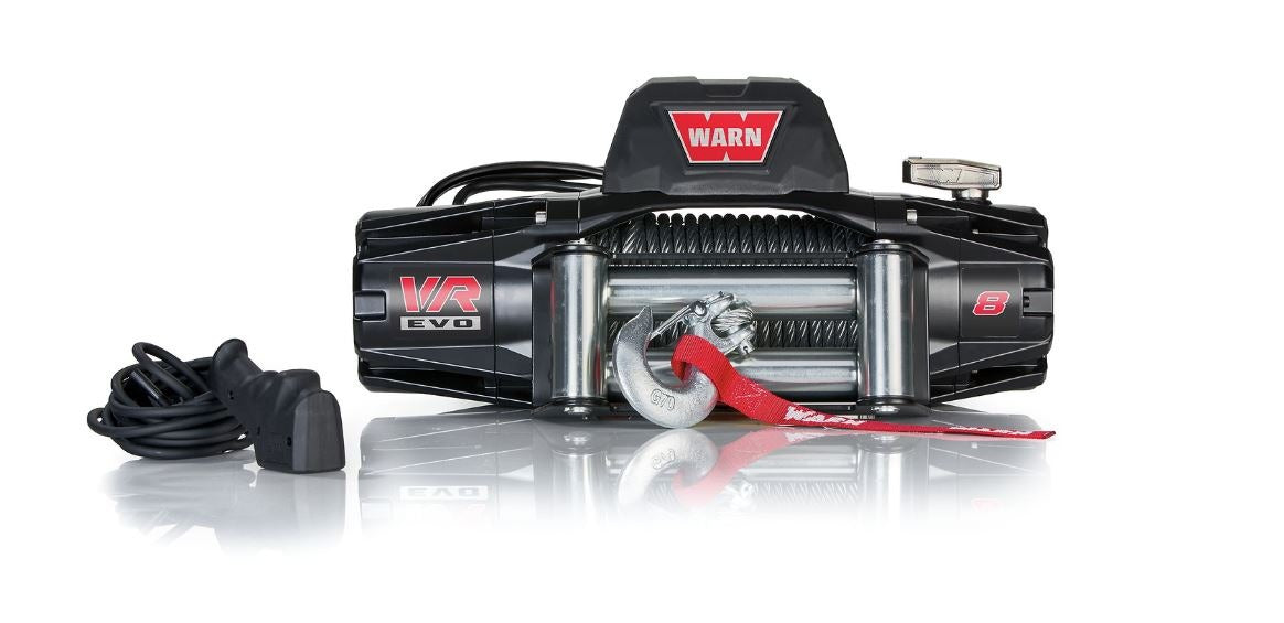 Warn Vehicle Mounted; Vehicle Recovery Winch; 12 Volt Electric; 8000 Pound Line Pull Capacity; 94 Foot Wire Rope; Hawse Fairlead; Wired Remote; Planetary Gear Drive; Requires Winch Carrier or Winch Mount