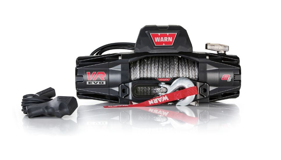 Warn Vehicle Mounted; Vehicle Recovery Winch; 12 Volt Electric; 8000 Pound Line Pull Capacity; 90 Foot Synthetic Rope; Hawse Fairlead; Wired Remote; Planetary Gear Drive; Requires Winch Carrier or Winch Mount