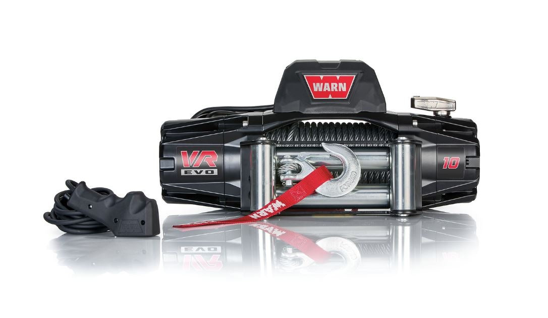Warn Vehicle Mounted; Vehicle Recovery Winch; 12 Volt Electric; 10000 Pound Line Pull Capacity; 94 Foot Wire Rope; Hawse Fairlead; Wired Remote; Planetary Gear Drive; Requires Winch Carrier or Winch Mount