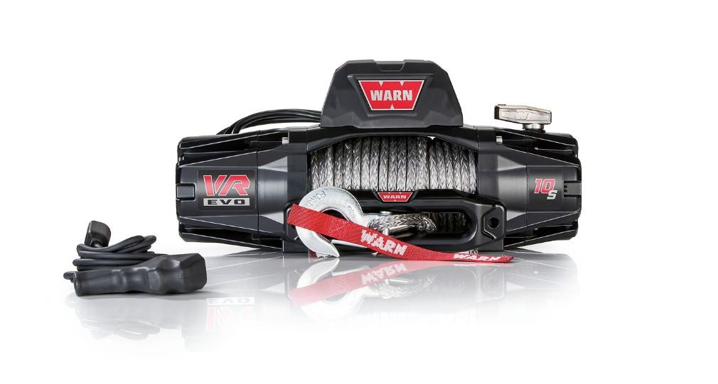 Warn Vehicle Mounted; Vehicle Recovery Winch; 12 Volt Electric; 10000 Pound Line Pull Capacity; 90 Foot Synthetic Rope; Hawse Fairlead; Wired Remote; Planetary Gear Drive; Requires Winch Carrier or Winch Mount