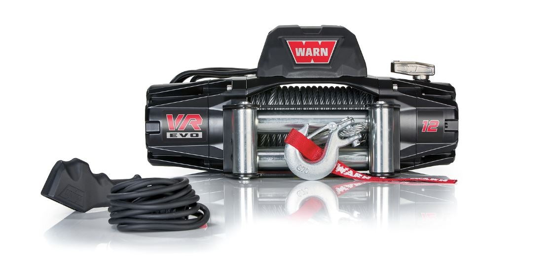 Warn Vehicle Mounted; Vehicle Recovery Winch; 12 Volt Electric; 12000 Pound Line Pull Capacity; 80 Foot Wire Rope; Hawse Fairlead; Wired Remote; Planetary Gear Drive; Requires Winch Carrier or Winch Mount