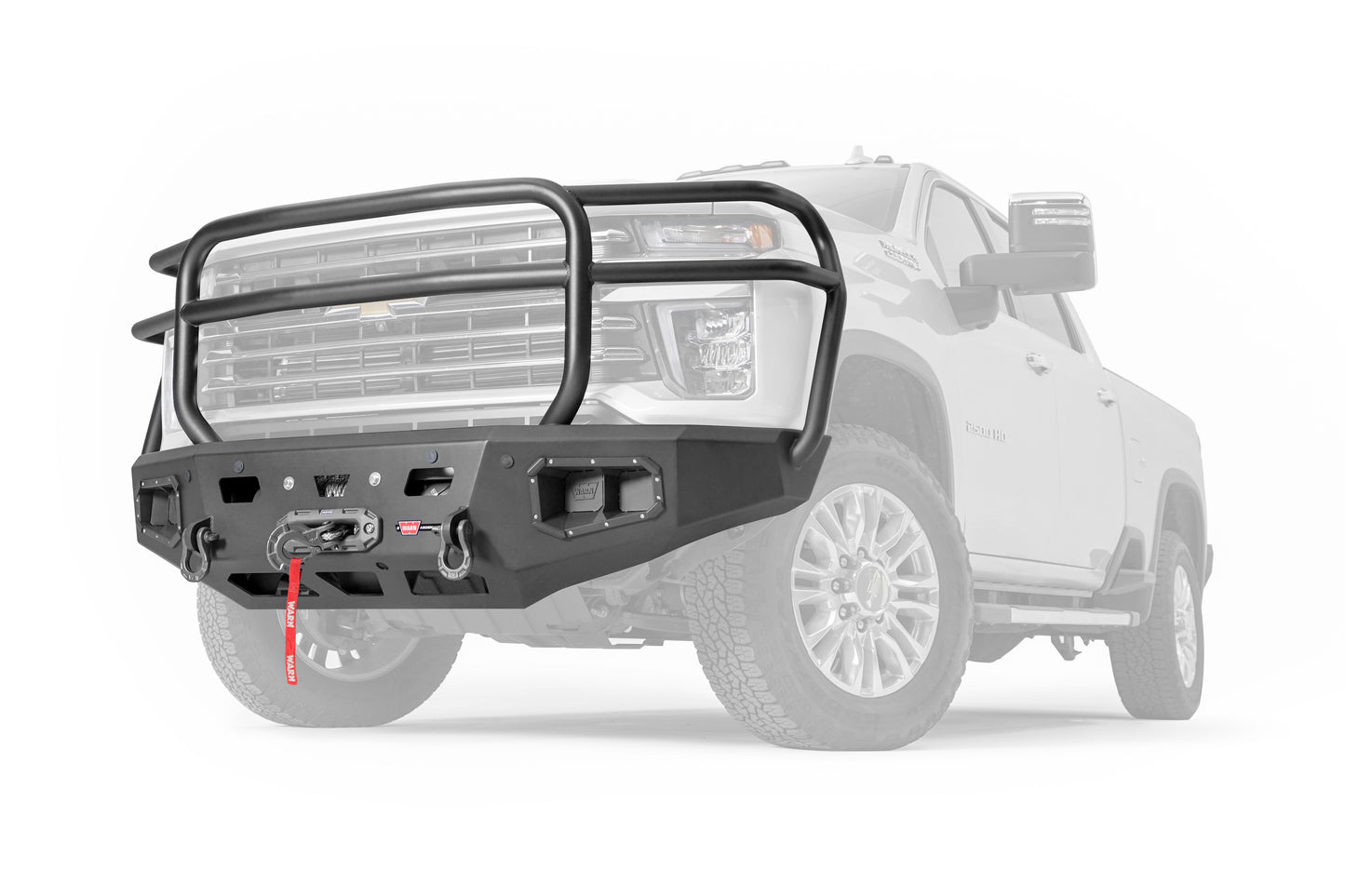 WARN Ascent HD front bumper for CHEVY 2500/3500 featuring a full grille guard and integrated winch mount that will accept large or mid-frame winches up to 18,000 lbs in capacity.