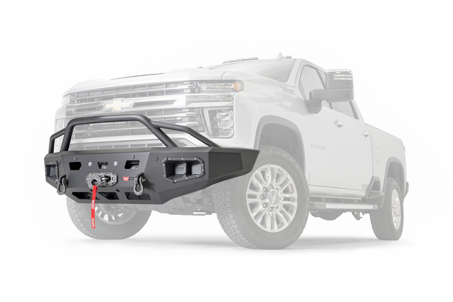 WARN Ascent HD front bumper for CHEVY 2500/3500 featuring a pre-runner style grille guard and integrated winch mount that will accept large or mid-frame winches up to 18,000 lbs in capacity.