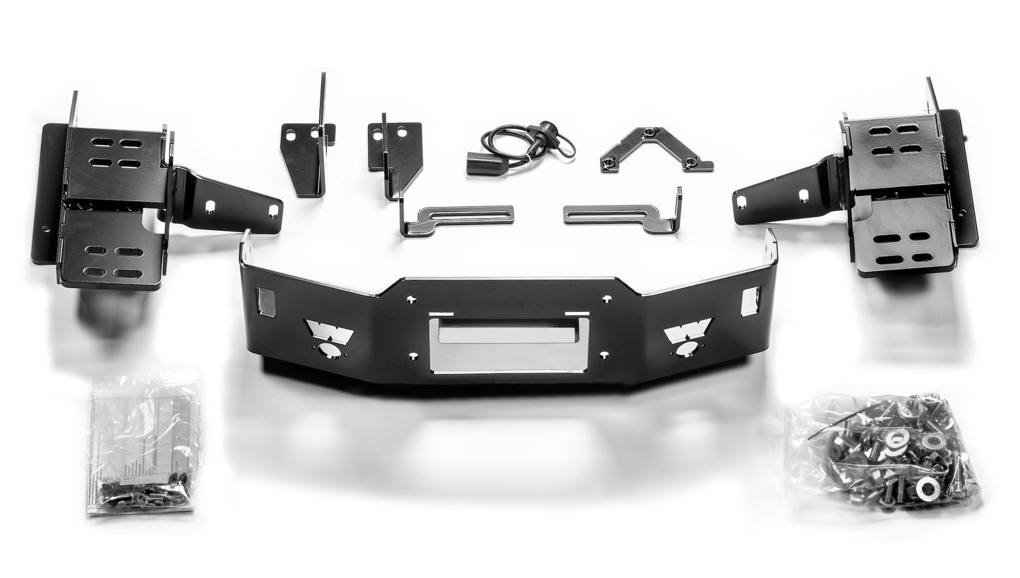 Warn Mounts WARN Large frame winch (16.5ti, M15, M12) behind the factory bumper on Ford Super Duty vehicles. Moves bumper forward approximately 5 inches and requires 107190 skirting kit.