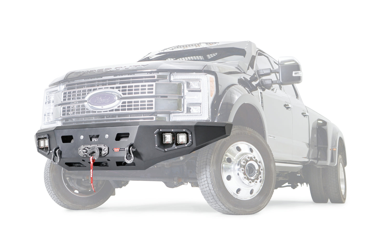 WARN Ascent HD front bumper for FORD F450/550 with integrated winch mount that will accept large or mid-frame winches up to 18,000 lbs in capacity.