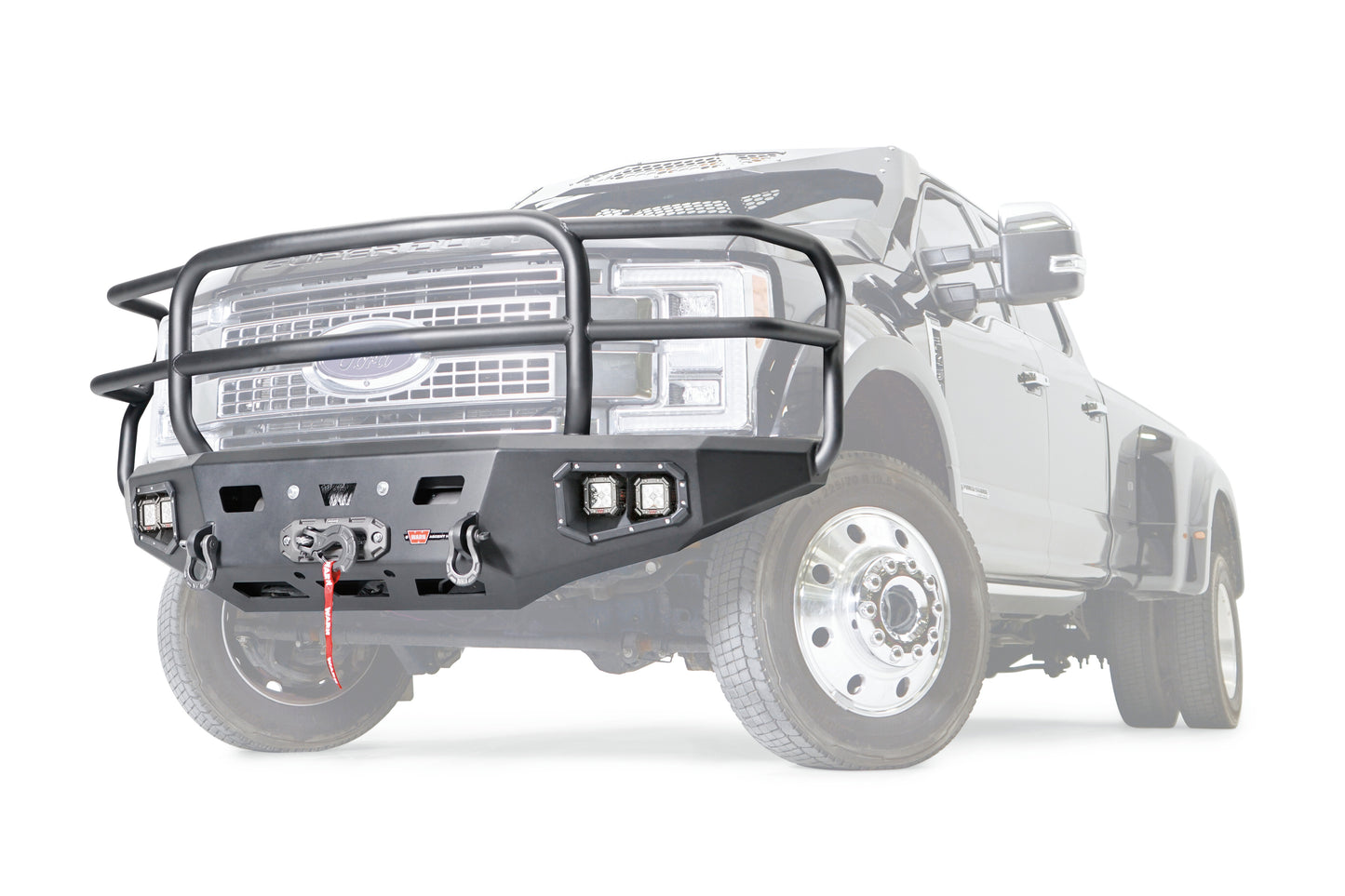 WARN Ascent HD front bumper for FORD F450/550 featuring a full grille guard and integrated winch mount that will accept large or mid-frame winches up to 18,000 lbs in capacity.