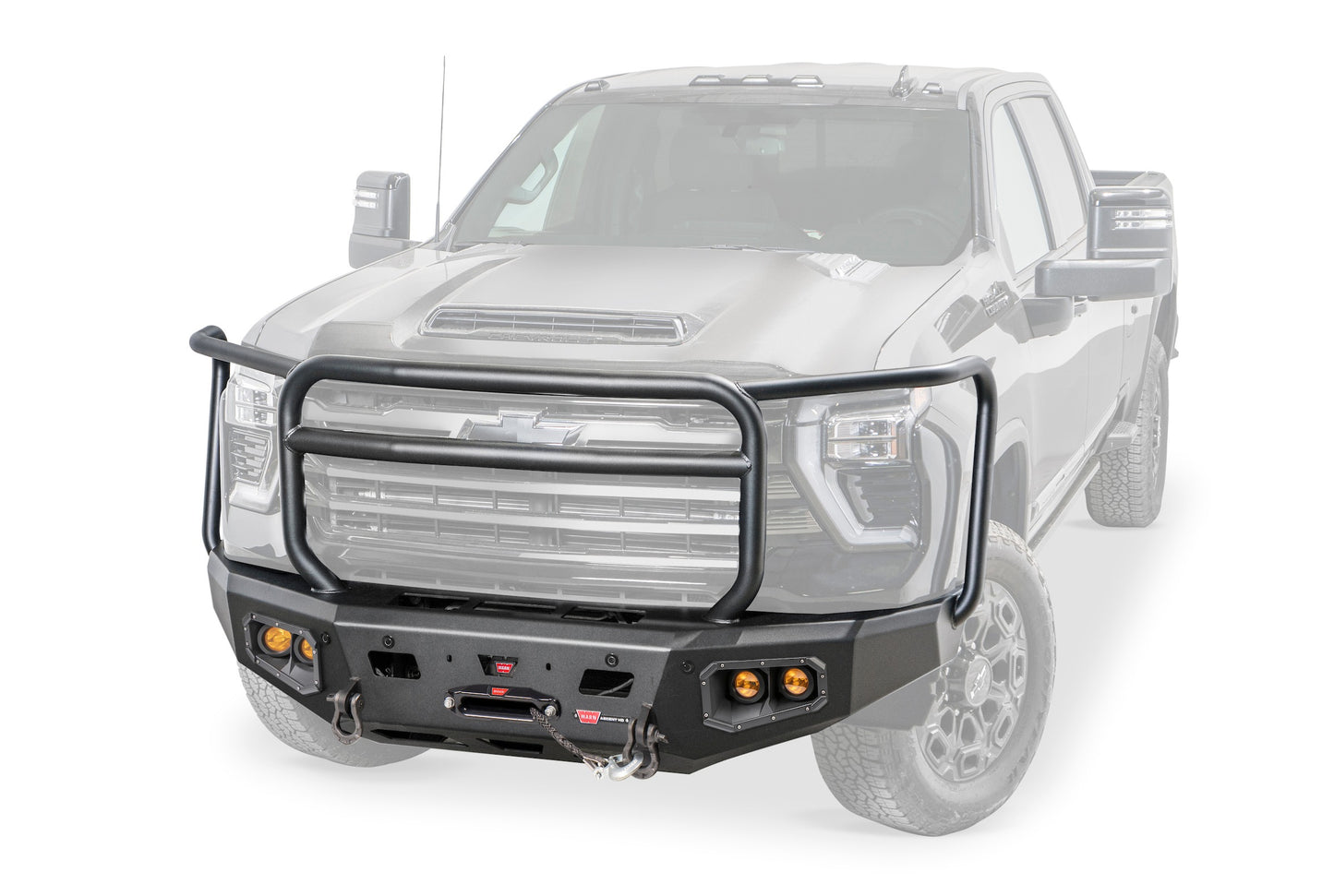WARN Ascent HD front bumper for Chevrolet Silverado 2500HD and 3500HD featuring a pre-runner style grille guard and integrated winch mount that will accept large or mid-frame winches up to 18,000 lbs in capacity.