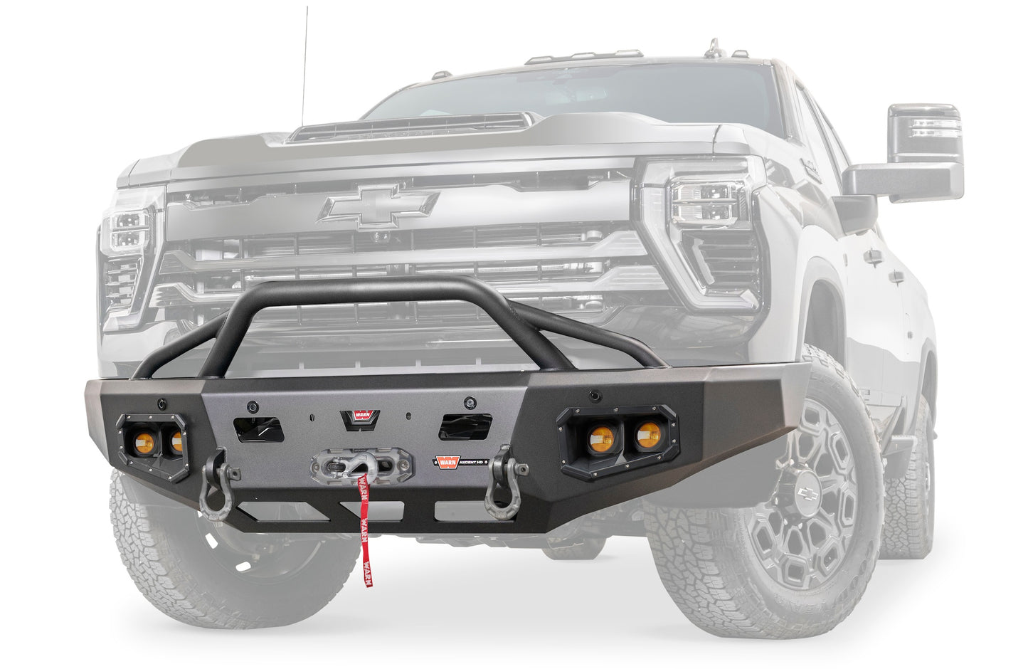 WARN Ascent HD front bumper for Chevrolet Silverado 2500HD and 3500HD featuring a pre-runner style grille guard and integrated winch mount that will accept large or mid-frame winches up to 18,000 lbs in capacity.