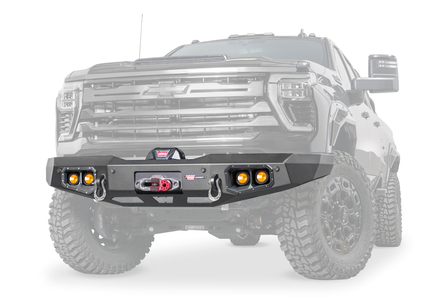Warn Ascent Front Bumper for Chevrolet Silverado 2500HD and 3500HD featuring an integral winch mount for WARN mid-frame winches