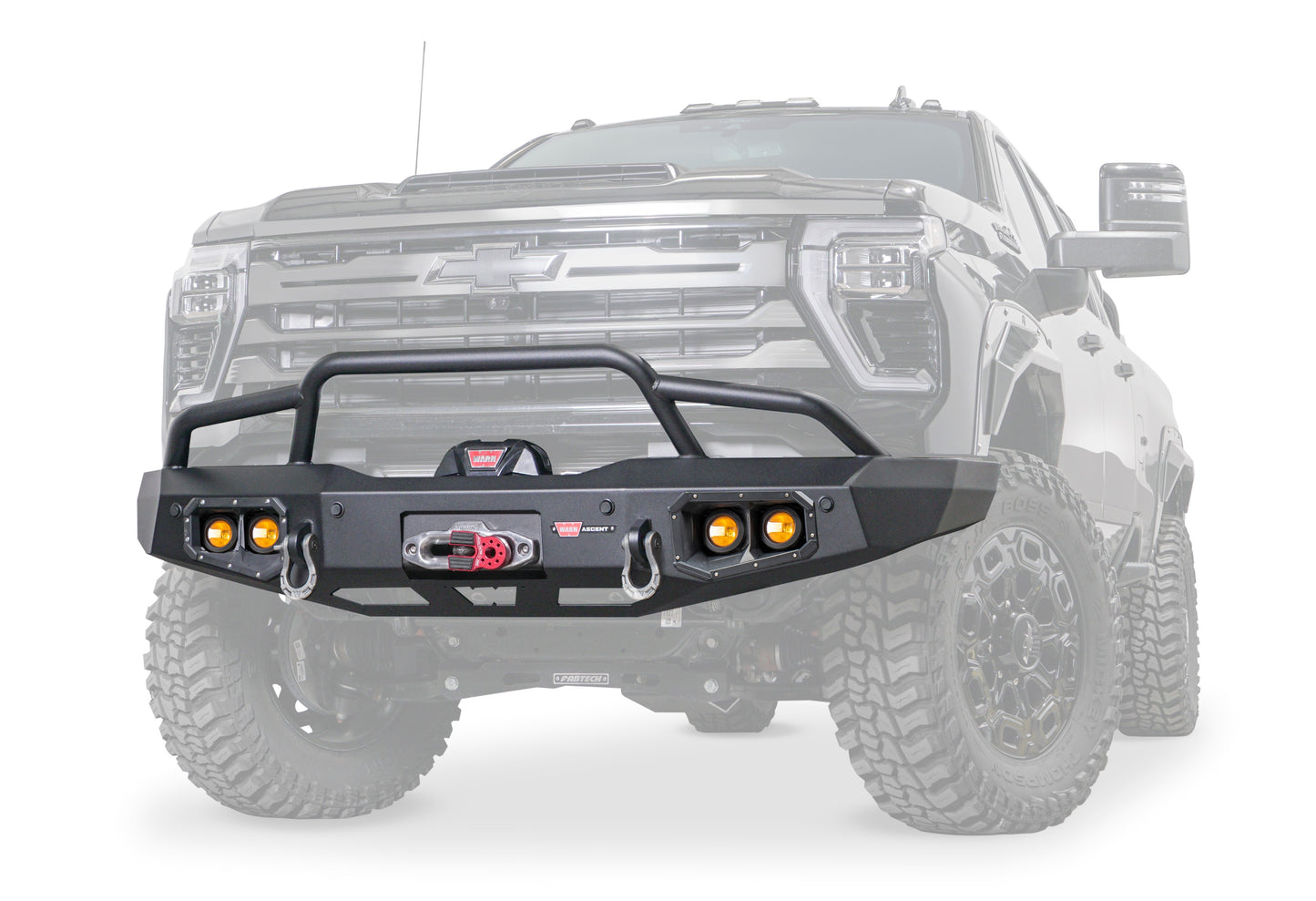 Warn Ascent Front Bumper with prerunner grille guard for Chevrolet Silverado 2500HD and 3500HD featuring an integral winch mount for WARN mid-frame winches
