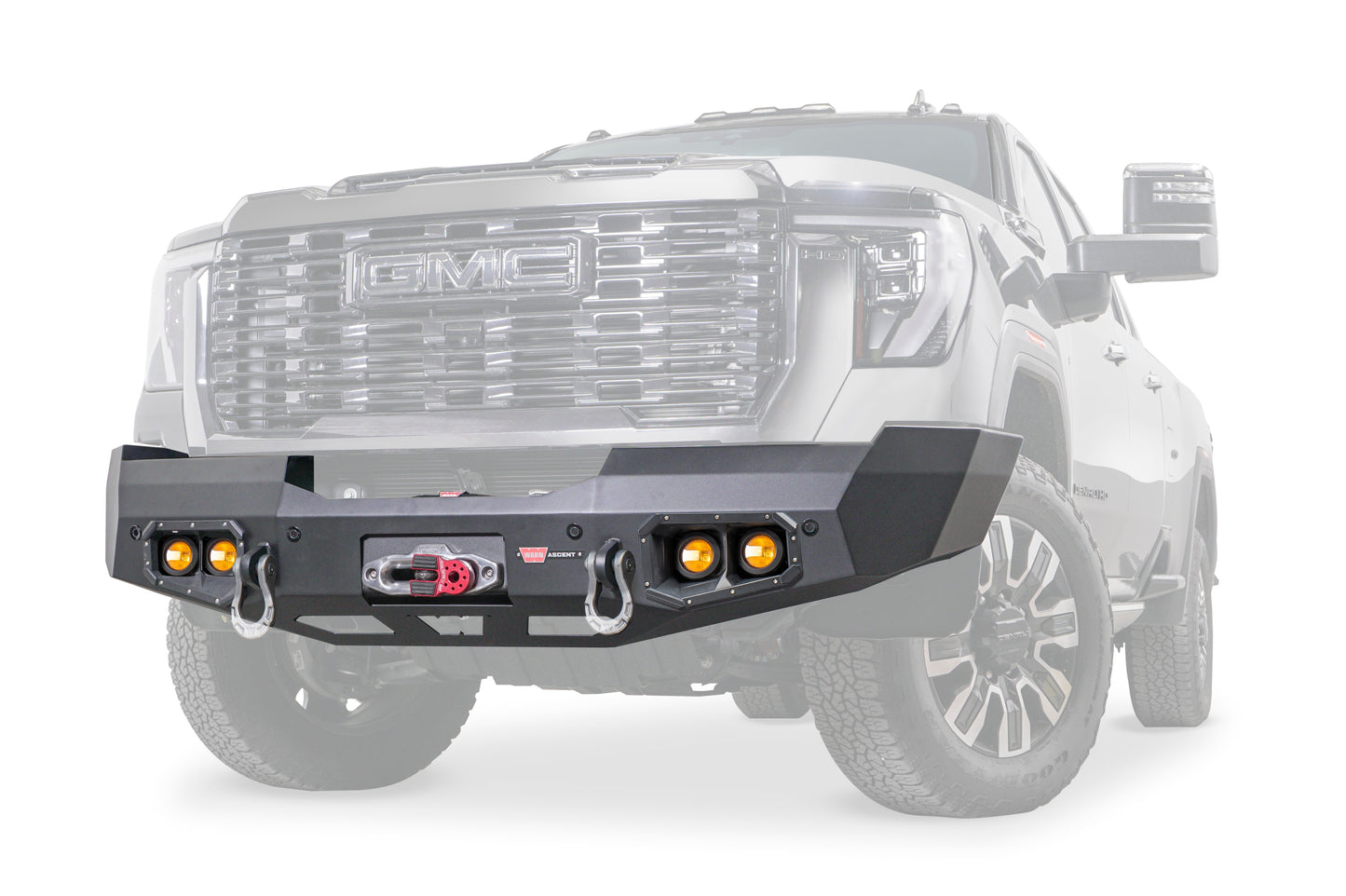 Warn Ascent Front Bumper for GMC Sierra 2500HD and 3500HD featuring an integral winch mount for WARN mid-frame winches