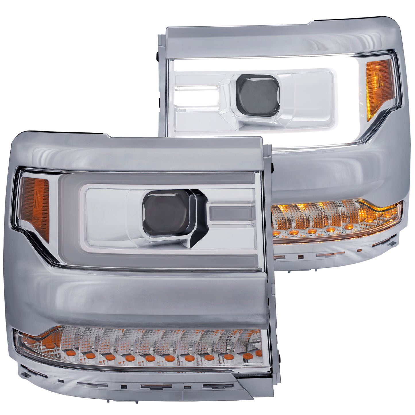 ANZO USA Projector Headlight Set - Clear Lens - Chrome Housing - Pair - w/Plank Style Design w/Amber - w/o HID kits