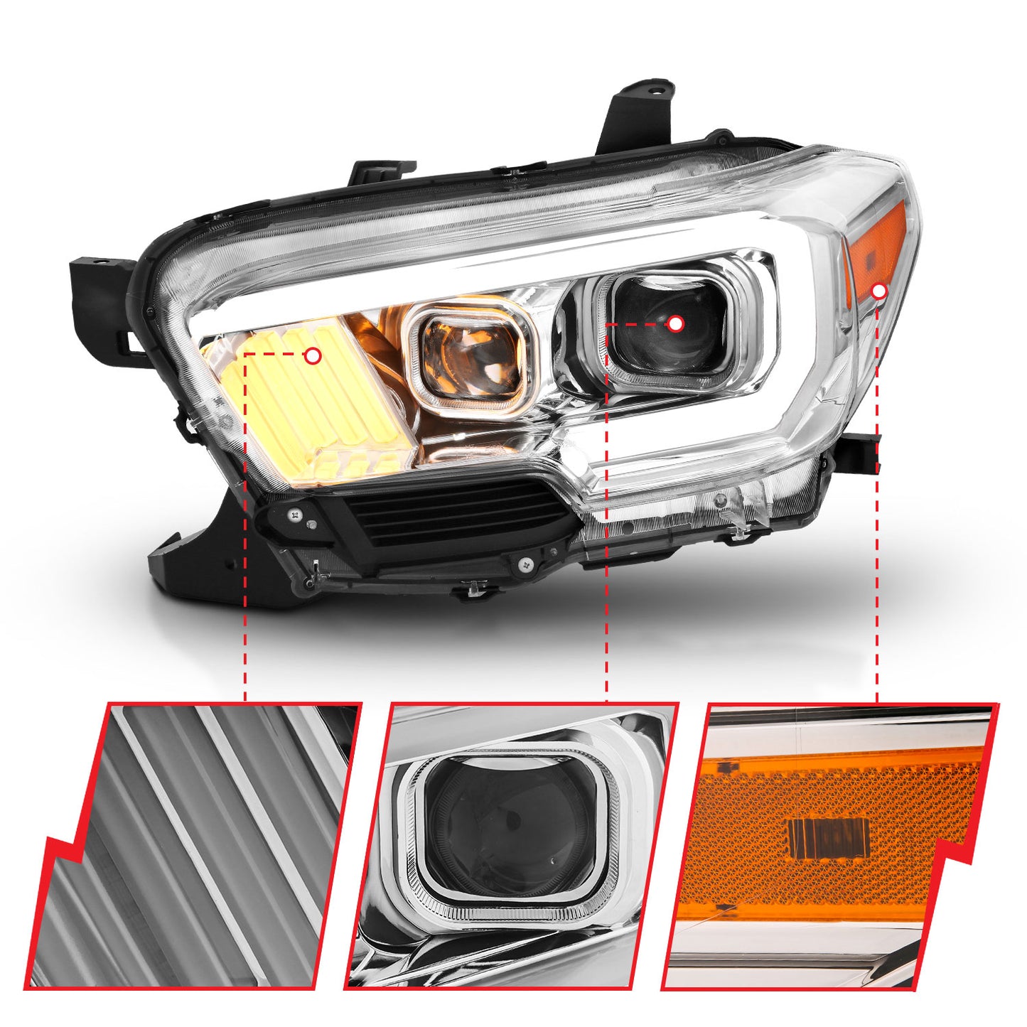 ANZO USA Projector Headlights w/ Plank Style Design Chrome/Amber w/ DRL
