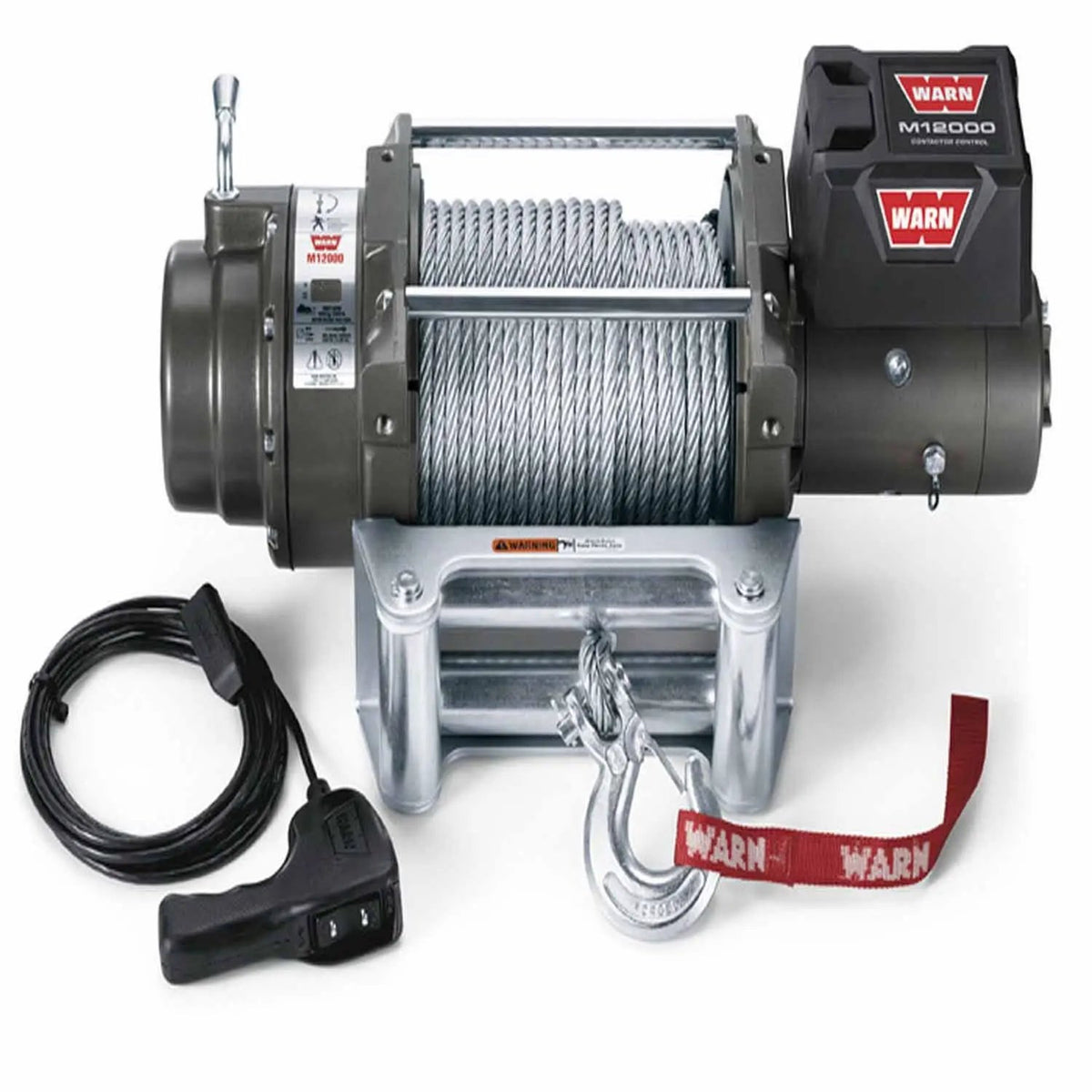 Warn Vehicle Mounted; Vehicle Recovery Winch; 12 Volt Electric; 12000 Pound Line Pull Capacity; 125 Foot Wire Rope; Roller Fairlead; Wired Remote; Planetary Gear Drive; Requires Winch Carrier or Winch Mount by Warn