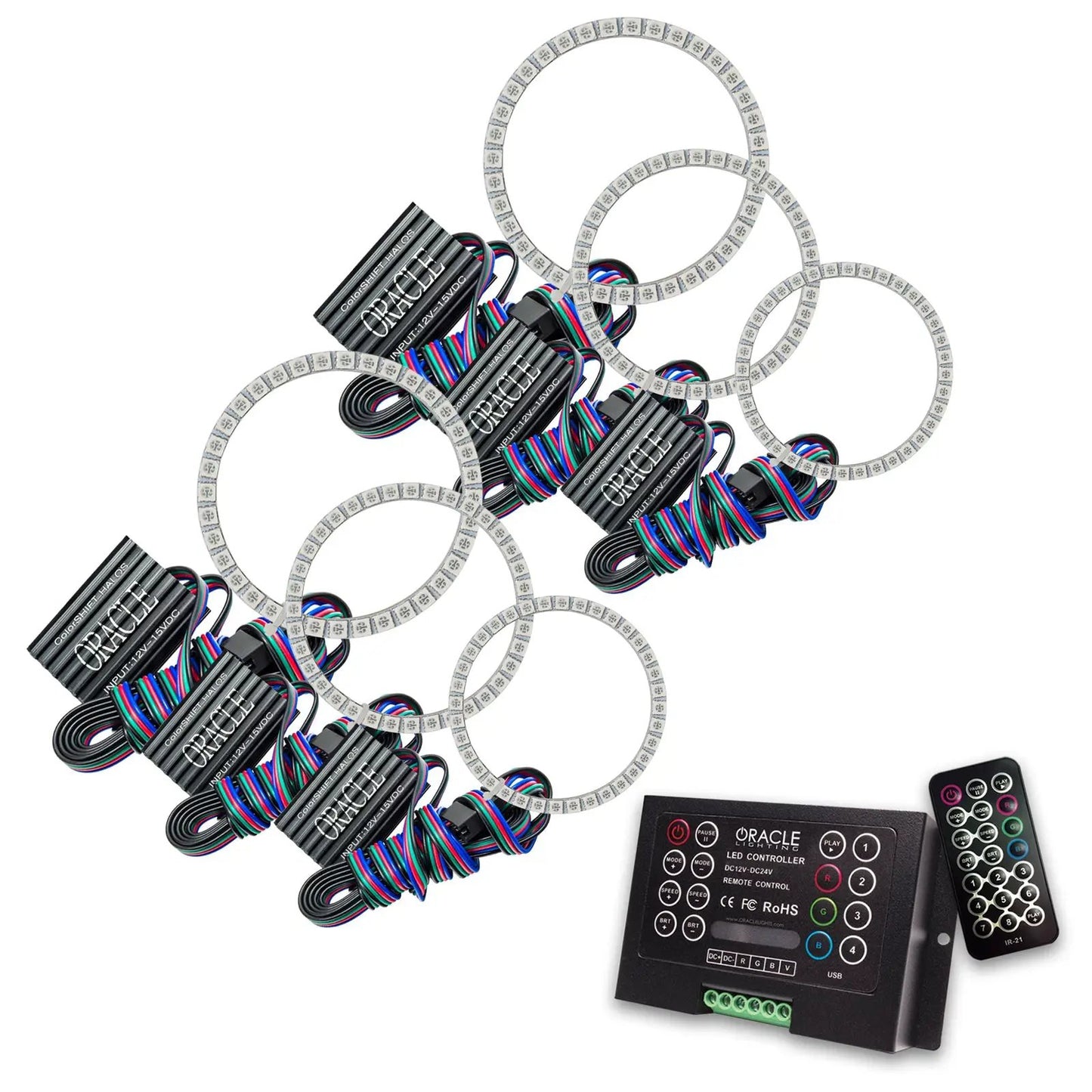 Oracle Lighting The kit includes a ColorSHIFT(tm) 2.0 controller. The halo kit uses an advanced LED chip which provides bright light output yet consumes less power. The kit mounts easily to your headlight housing with the provided 3M adhesive backing. by Oracle Lighting