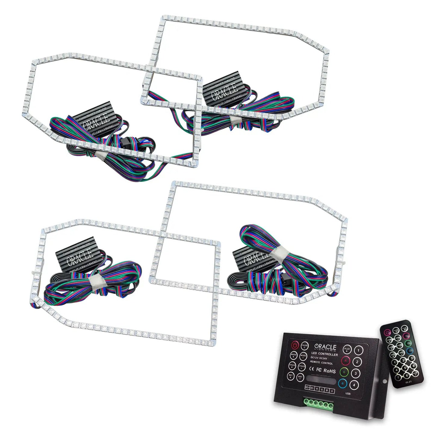 Oracle Lighting The kit includes a ColorSHIFT(tm) 2.0 controller. The halo kit uses an advanced LED chip which provides bright light output yet consumes less power. The kit mounts easily to your headlight housing with the provided 3M adhesive backing. by Oracle Lighting