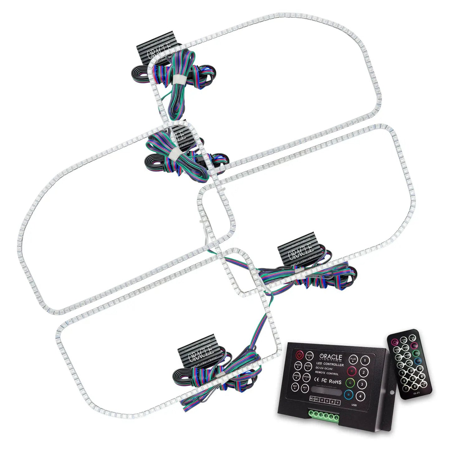 Oracle Lighting The kit includes a ColorSHIFT(tm) 2.0 controller. The halo kit uses an advanced LED chip which provides bright light output yet consumes less power. The kit mounts easily to your headlight housing with the provided 3M adhesive backing. by Oracle Lighting