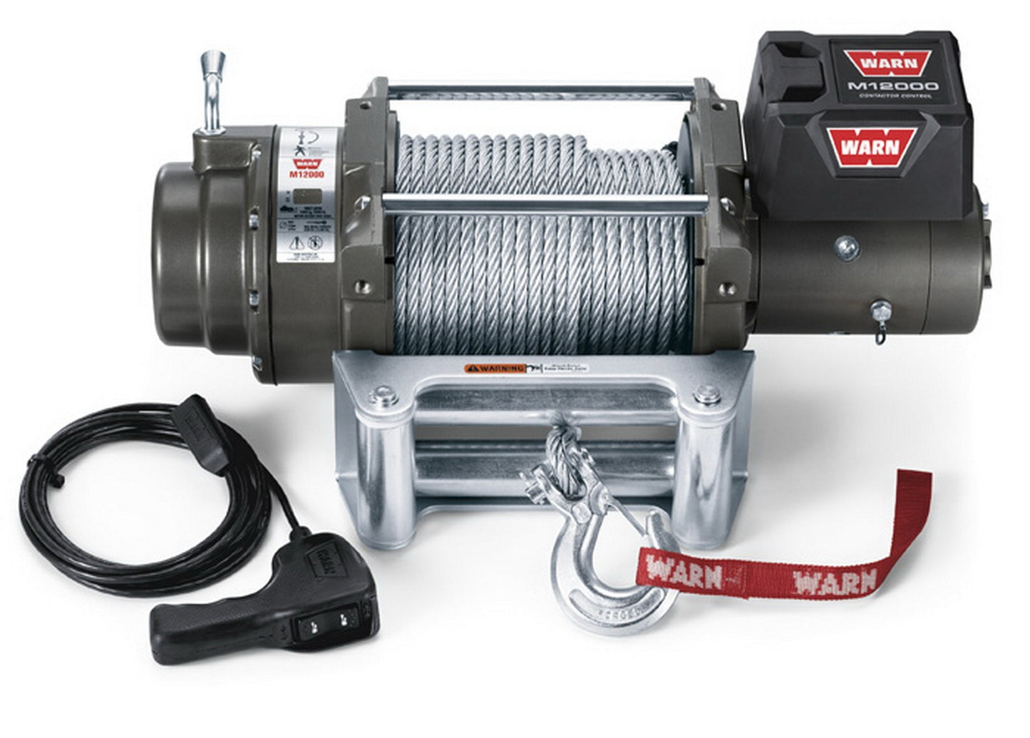 Warn Vehicle Mounted; Vehicle Recovery Winch; 24 Volt Electric; 12000 Pound Line Pull Capacity; 125 Foot Wire Rope; Roller Fairlead; Wired Remote; Planetary Gear Drive; Requires Winch Carrier or Winch Mount