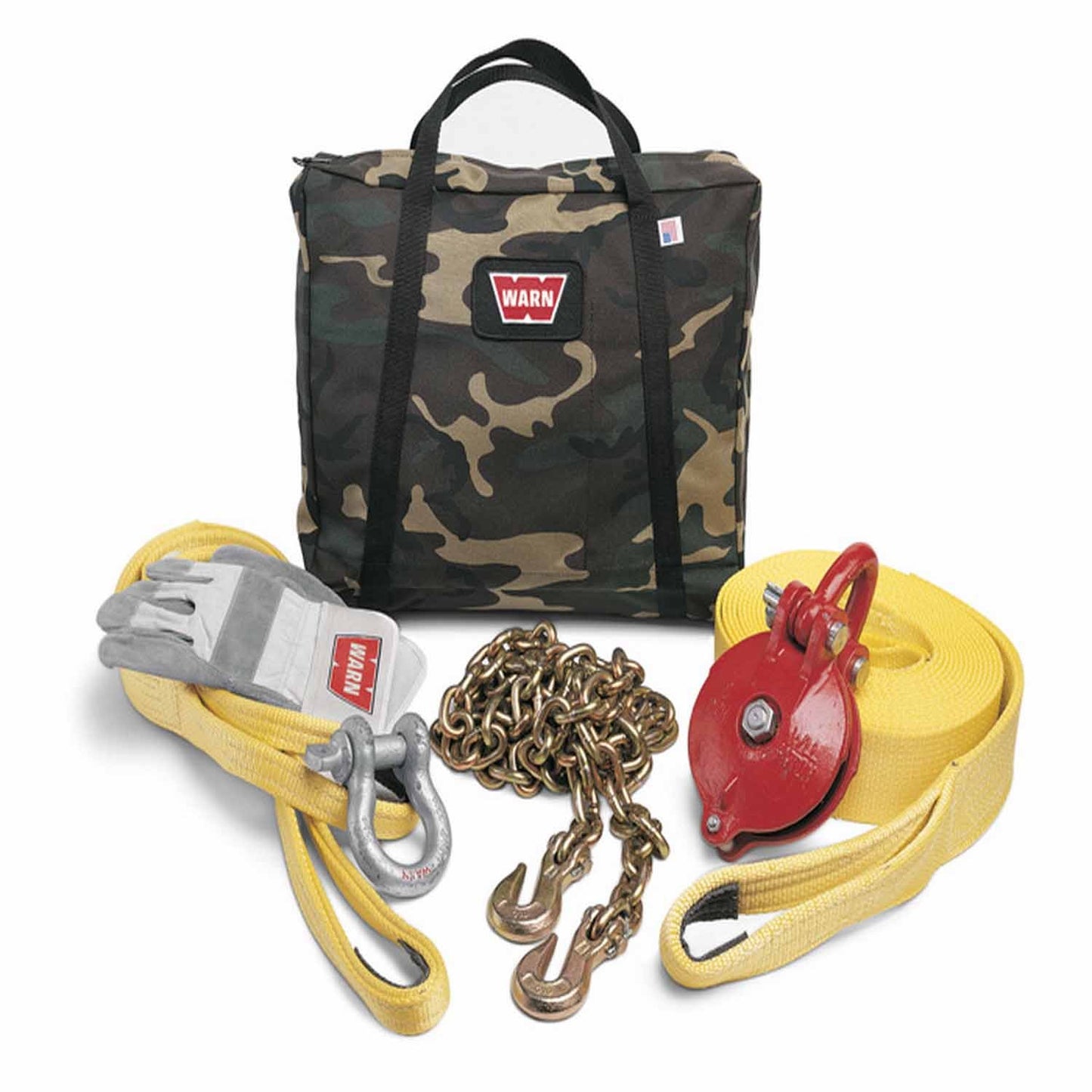 Warn recovery kit for winch capacities up to 12,000 lbs. Includes Greaseable 24000 Pound Capacity Pulley Block; Tree Trunk Protector; 3/4 Inch D-Shackle; 10 ft Choker Chain; 30 Foot Recovery Strap; Pair of Gloves in a Camouflage Gear Bag