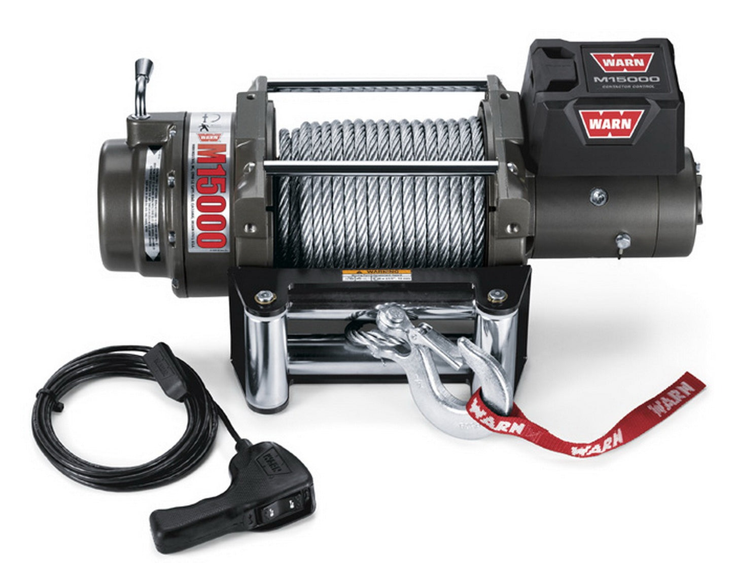 Warn Vehicle Mounted; Vehicle Recovery Winch; 24 Volt Electric; 15000 Pound Line Pull Capacity; 90 Foot Wire Rope; Roller Fairlead; Wired Remote; Planetary Gear Drive; Requires Winch Carrier or Winch Mount