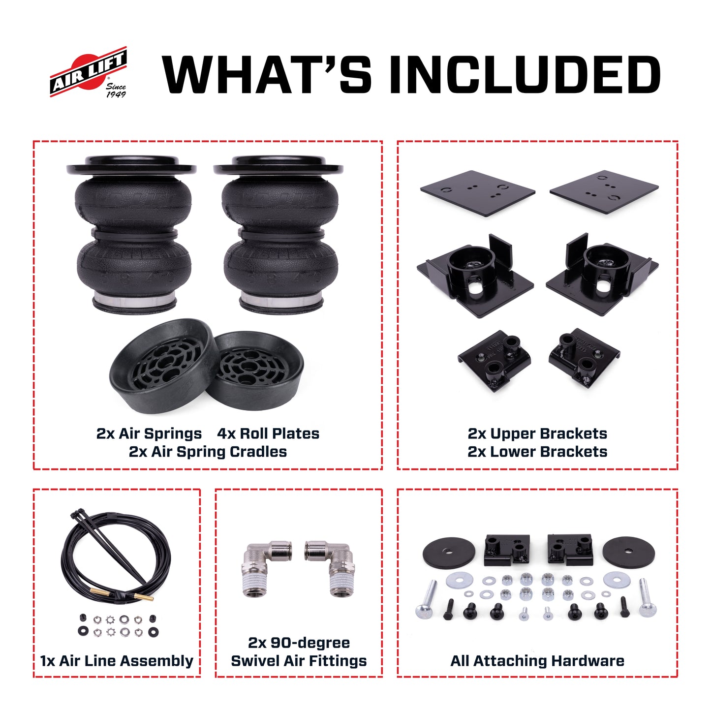 Air Lift The LoadLifter kit with Universal Air Spring Cradles for the 2020-2026 Jeep Gladiator, PN 57415, offers up to 3,400 lbs. of load-leveling capacity to help eliminate squat, trailer sway, and body roll. Backed by a limited lifetime warranty.
