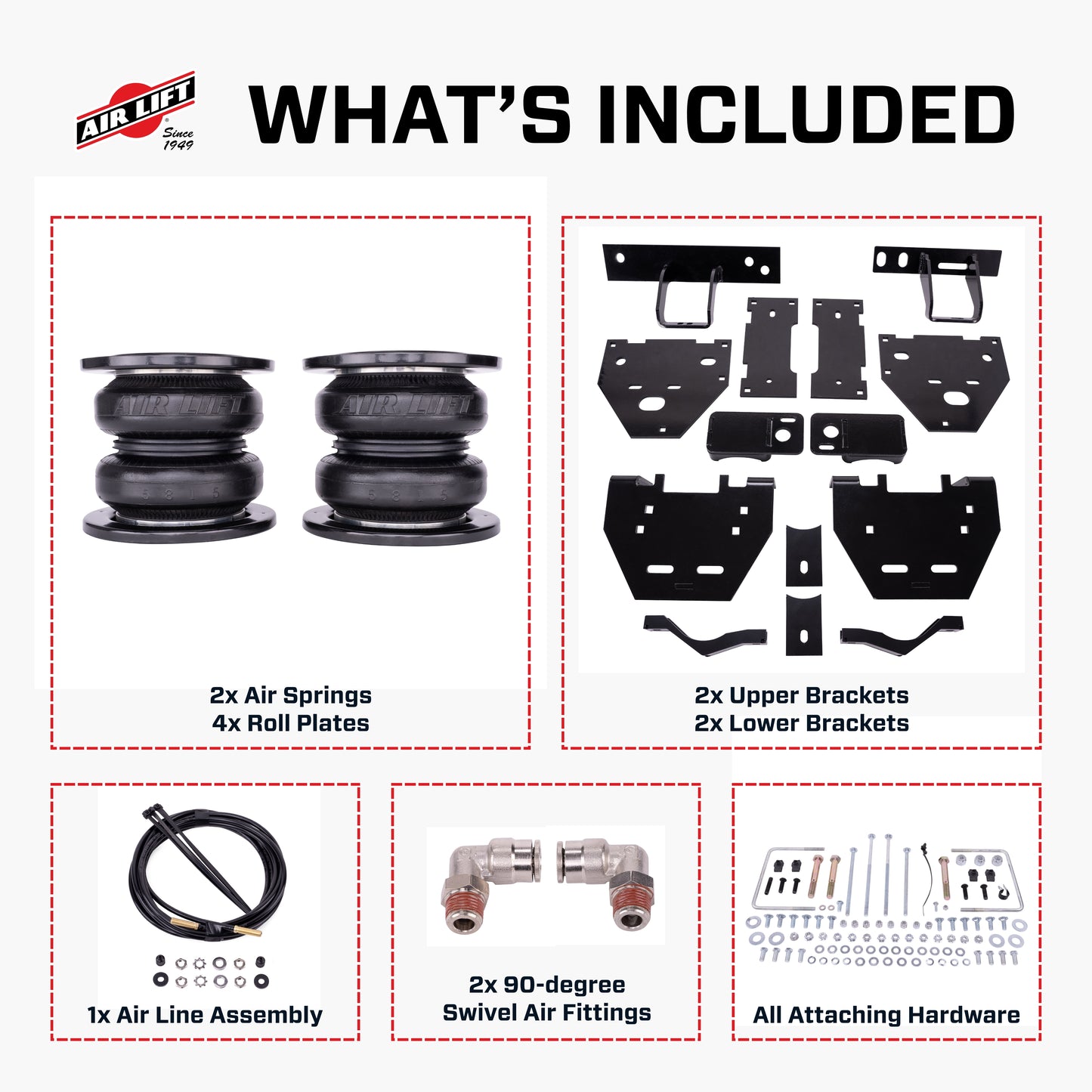 Air Lift LoadLifter 7500 XL Ultimate load support kits for the 2023-2025 Ford F-450 4WD, PN 57579, offer up to 7,500 pounds of load-leveling capacity while eliminating squat, trailer sway, body roll, and bottoming out.
