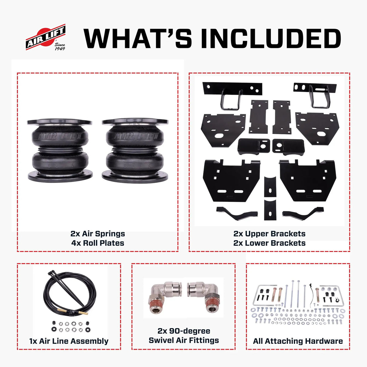Air Lift LoadLifter 7500 XL Ultimate load support kits for the 2023-2025 Ford F-450 4WD, PN 57579, offer up to 7,500 pounds of load-leveling capacity while eliminating squat, trailer sway, body roll, and bottoming out. by Air Lift