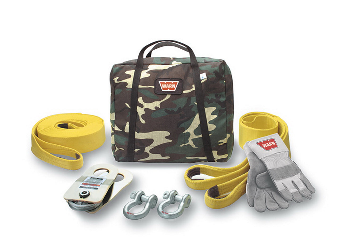 Warn recovery kit for winch capacities up to 10,000 lbs. Includes 20000 Pound Capacity Snatch Block; Tree Trunk Protector; Two 3/4 Inch D-Shackles; 30 Foot Recovery Strap; Pair of Gloves in a Camouflage Gear Bag. CE Approved