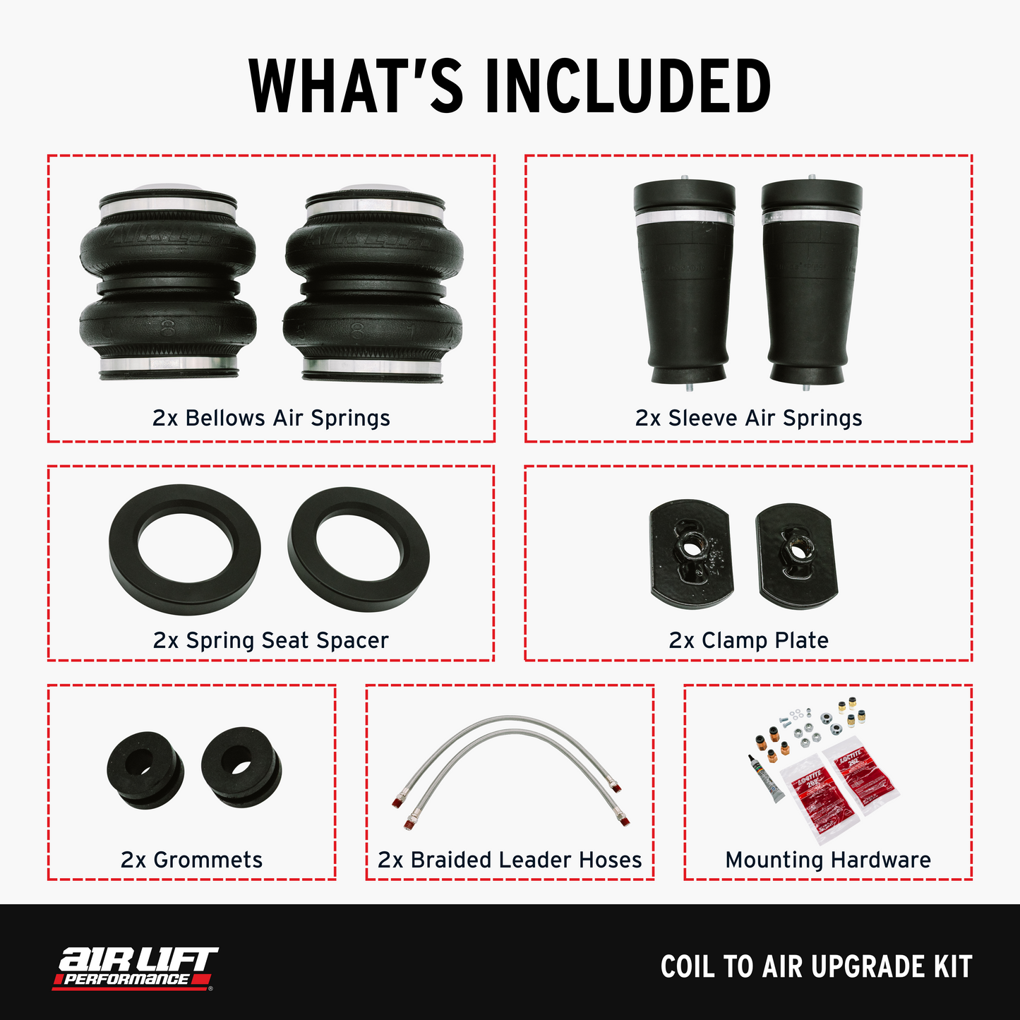 Air Lift Performance Coilovers statically lower your vehicle's stance, but the Coil to Air Upgrade kits allow Performance Coilover customers to upgrade their suspension to dynamic air suspension, providing functionality and performance