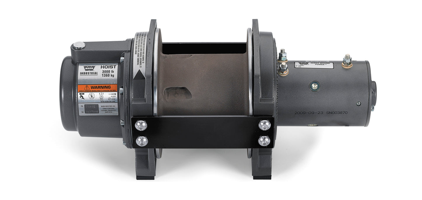 Warn 12 Volt Electric; 3000 Pound Line Pull Capacity; Without Rope; Without Fairlead; Without Remote; 199 Gear Reduction; Automatic Disc Brake