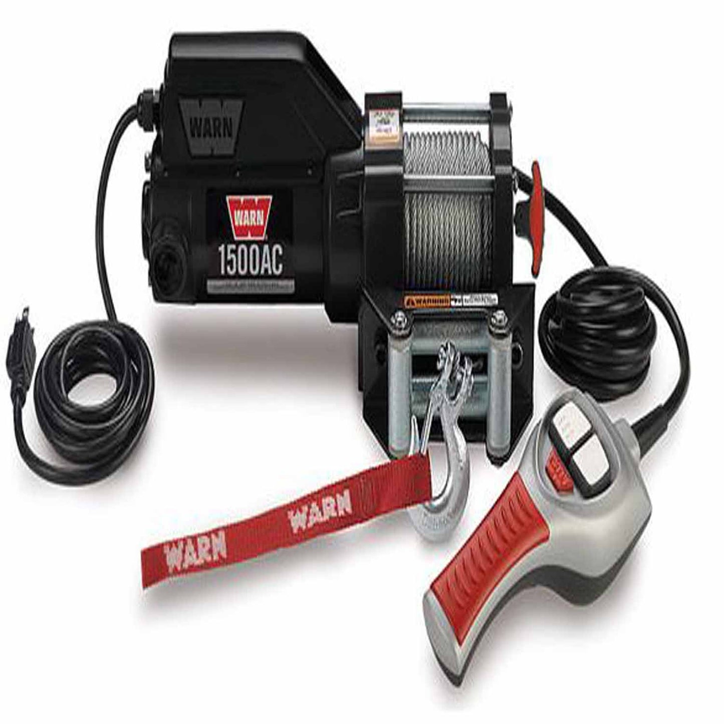 Warn Portable Utility Winch; Electric; 1500 Pound Line Pull Capacity; 43 Foot Wire Rope; Roller Fairlead; Wired Remote; Planetary Gear Drive