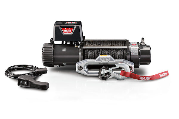 Warn Vehicle Mounted; Vehicle Recovery Winch; 12 Volt Electric; 9500 Pound Line Pull Capacity; 100 Foot Synthetic Rope; Hawse Fairlead; Wired Remote; Planetary Gear Drive; Requires Winch Carrier or Winch Mount