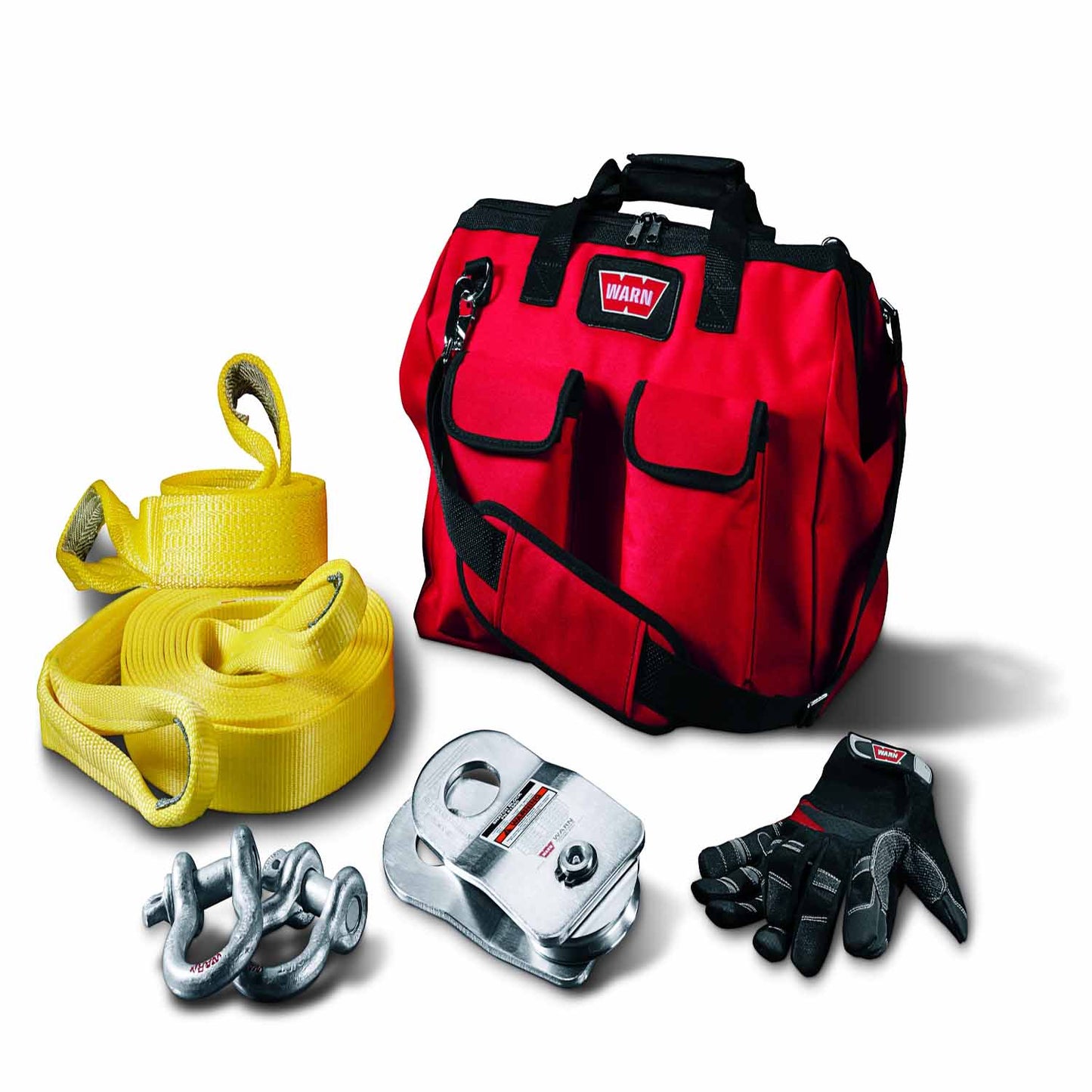Warn recovery kit for winch capacities up to 10,000 lbs. Includes 20000 Pound Capacity Snatch Block; Tree Trunk Protector; Two 3/4 Inch D-Shackles; 30 Foot Recovery Strap; Pair of Gloves in a Durable Gear Bag