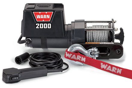 Warn Vehicle Mounted; Trailer Winch; 12 Volt Electric; 2000 Pound Line Pull Capacity; 35 Foot Wire Rope; Hawse Fairlead; Wired Remote; Planetary Gear Drive