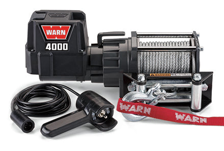 Warn Vehicle Mounted; Trailer Winch; 12 Volt Electric; 4000 Pound Line Pull Capacity; 43 Foot Wire Rope; Roller Fairlead; Wired Remote; Planetary Gear Drive